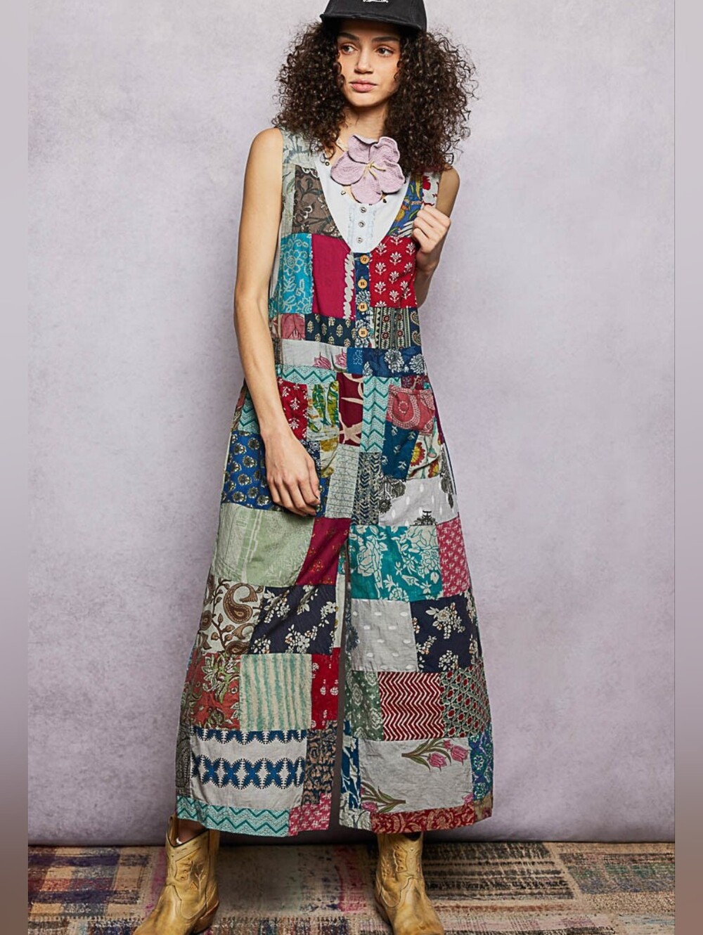 1-0509 POL Patchwork Cotton Loose Fit Light Weight Jumpsuit Overalls